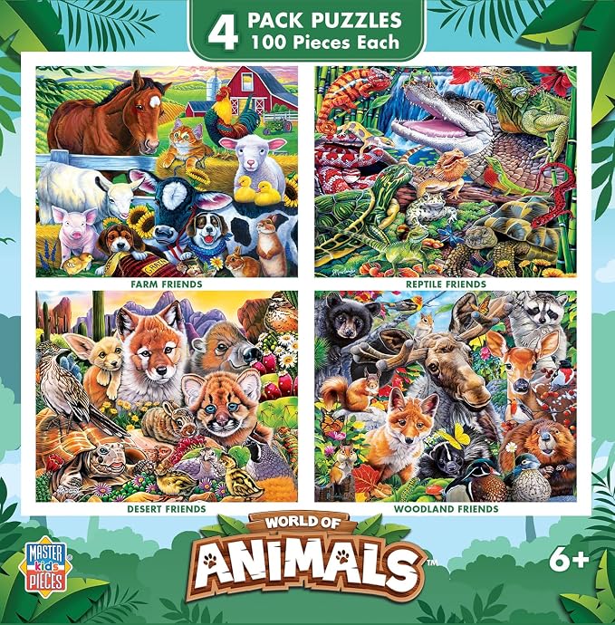 MasterPieces – Jigsaw Puzzle Set for Kids 6+ Years, 4-Pack of 100 Pieces, Educational and Fun Game, World of Animals Collection V2, Gift Idea for Children, 8" x 10"