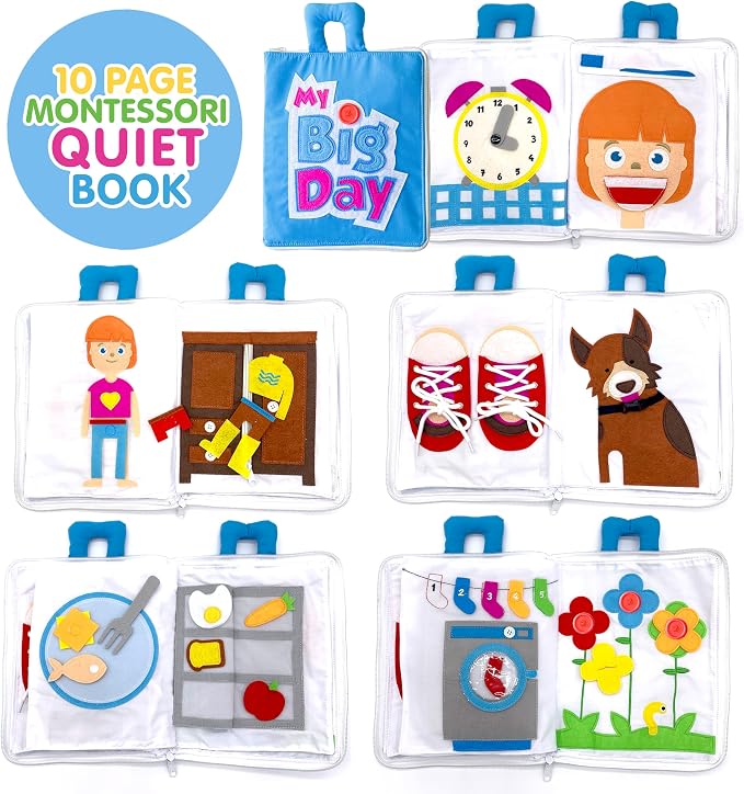Curious Columbus My Big Day Quiet Book, Fabric Busy Book for Travel (Blue) | 10 Interactive Pages, Color Matching, Counting, Buttons, Zippers, Buckles and Lacing, Book Zips Closed with Carry Handles