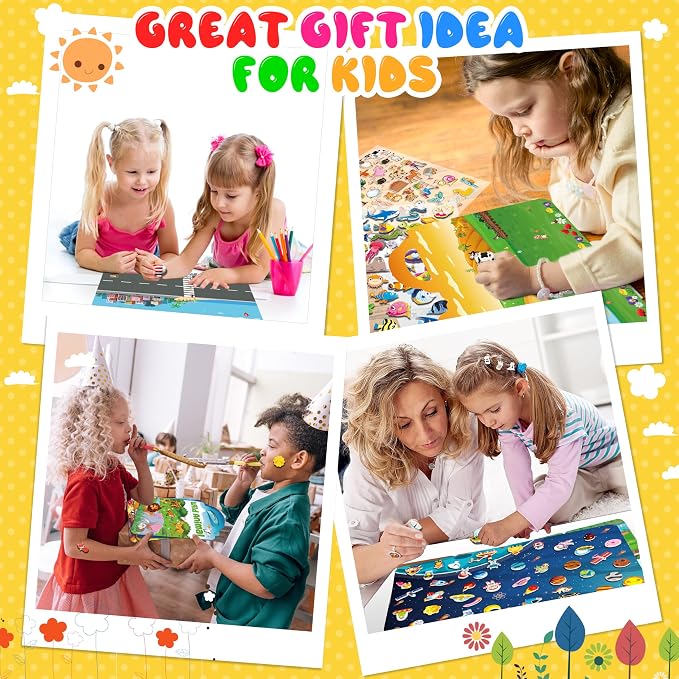 Kalysky 6Set Puffy Sticker Books for Kids 2-4, 3D Reusable Stickers Books for Toddlers 1-3 2-4,Farm+Animal+Dinosaurs+Ocean World+Space+Vehicle