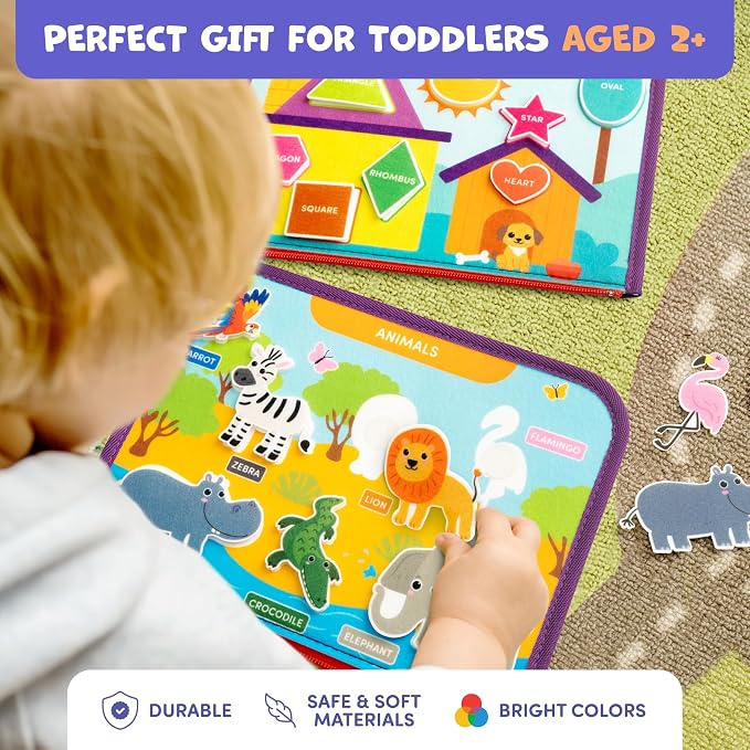 Busy Book for Toddlers & Babies 1-3 Year Old, Montessori Learning Toy Board | Sensory felt activity book, portable for car & airplane travel play, calming, screen-free, quiet light table toy, gift