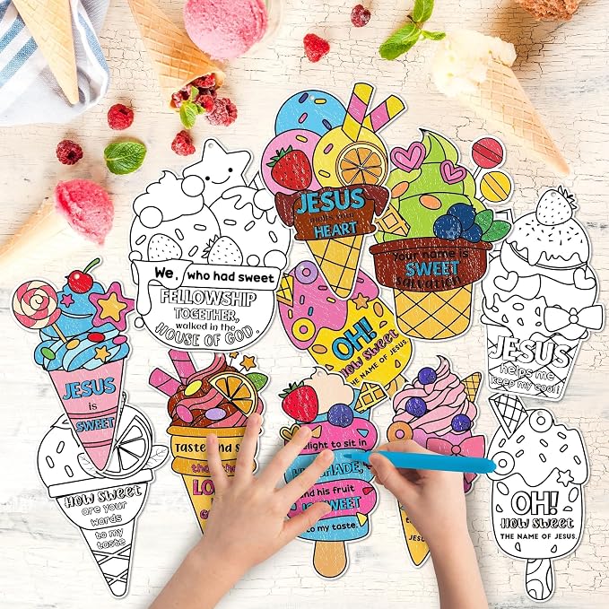 ANGOLIO Ice Cream Coloring Crafts Kits - 83Pcs Summer Ice Cream Coloring Paper Cards Hanging Ornaments Cute Dessert Jesus Religious DIY Art Painting Kit for Holiday Party Supplies Art Activities Decor