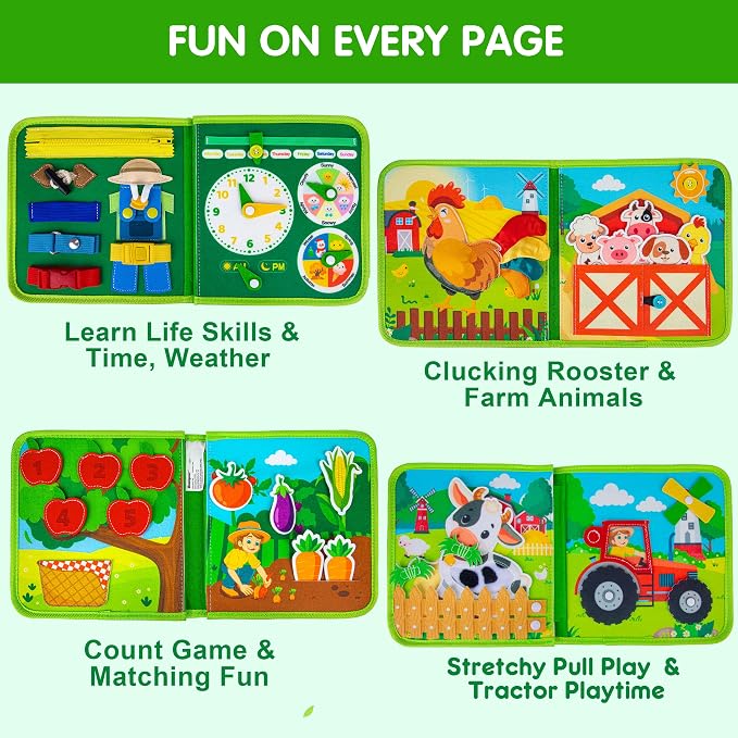 Quanquer Montessori Busy Book for Toddlers 1-3 - Farm Animal Sensory Busy Board for 1 Year Old Boys and Girls, Educational Travel Toy for Airplane Car Activities, Birthday Christmas Toddler Gifts