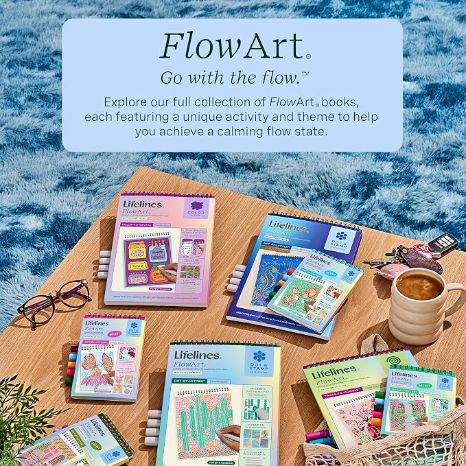 Lifelines FlowArt Mini Activity Pads, 3-Pack, Dot-by-Letter Coloring Books | 15 Markers & 60 Scenes - Guided Art Meditations for Tweens, Adults & Seniors - Dot-by-Letter - Patent-Pending