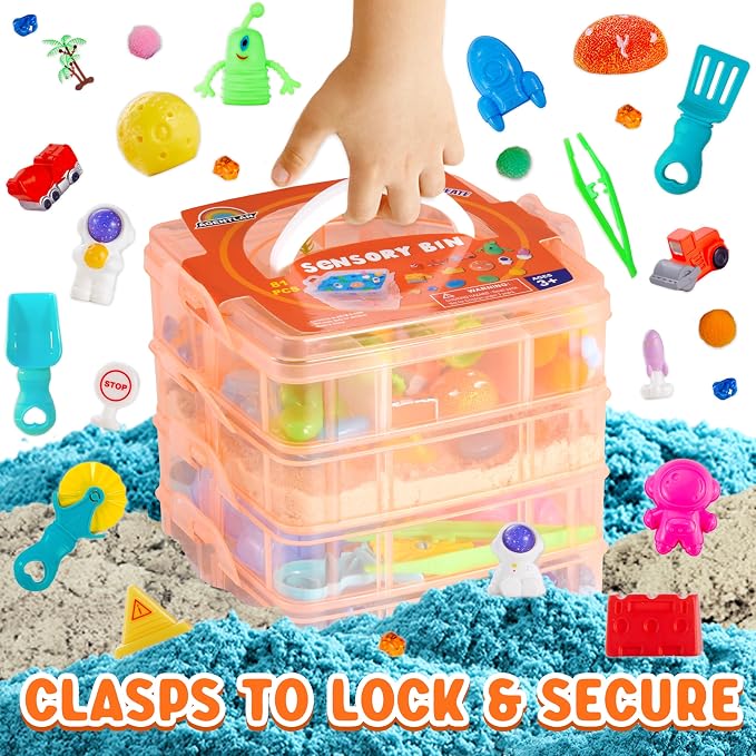 AGENTLAN Stackable Sensory Bin, Construction & Space Sensory Sand Play Set | Construction and space themes play sand kit, gift for toddlers, boys and girls ages 3+