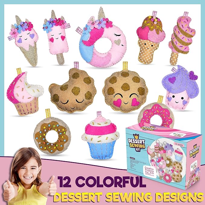 Dessert Sewing Kit for Kids Ages 8-12 - 12 Pre-Cut Felt Plush Treats