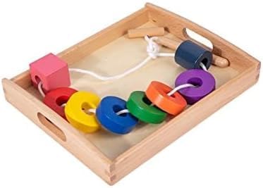 Adena Montessori Wooden Lacing Bead Set with Tray, 1-3y | 8 colorful geometric shapes with laces. Builds fine motor, pattern sequencing & hand-eye. Montessori. Gift 1-3y.