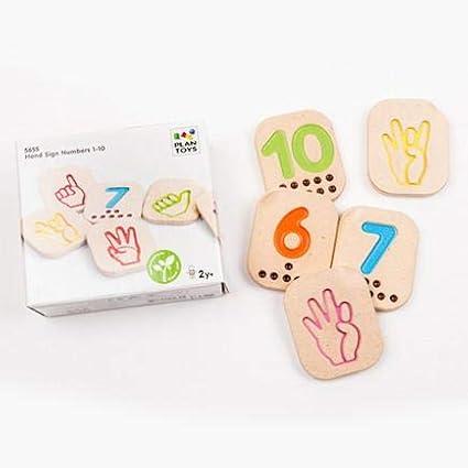 PlanToys® Hand Sign Numbers 1-10 Wooden Montessori Kids Counting Play Toy | hand sign numbers 1-10, wooden montessori counting, early math sensory tactile number recognition, sign language tiles, kids