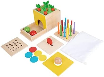 Adena Montessori 5 in 1 Wooden Play Kit for Babies 6-12 Months | Object permanence, drop, carrot, coin - builds motor skills and hand-eye, durable, colorful self-play.
