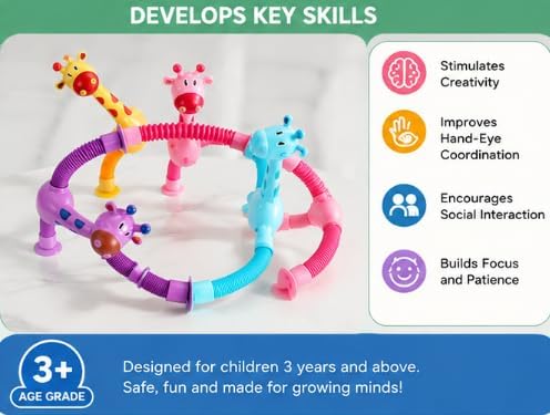 XONTEUS 4 Pcs Pop Tubes Giraffe Travel Airplane Road Trip Car Activities Essential, Telescopic Suction Cup Sensory Fidget Toys,Screen-Free Activity for Toddler 3+ and Kids, Stocking Stuffers for Kids