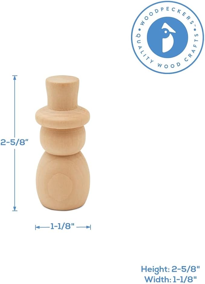 Snowman Peg Dolls 2-5/8 inch, Pack of 25 Wooden Peg Dolls for Christmas Crafts, Nativity Scenes, Holiday Decorations, by Woodpeckers