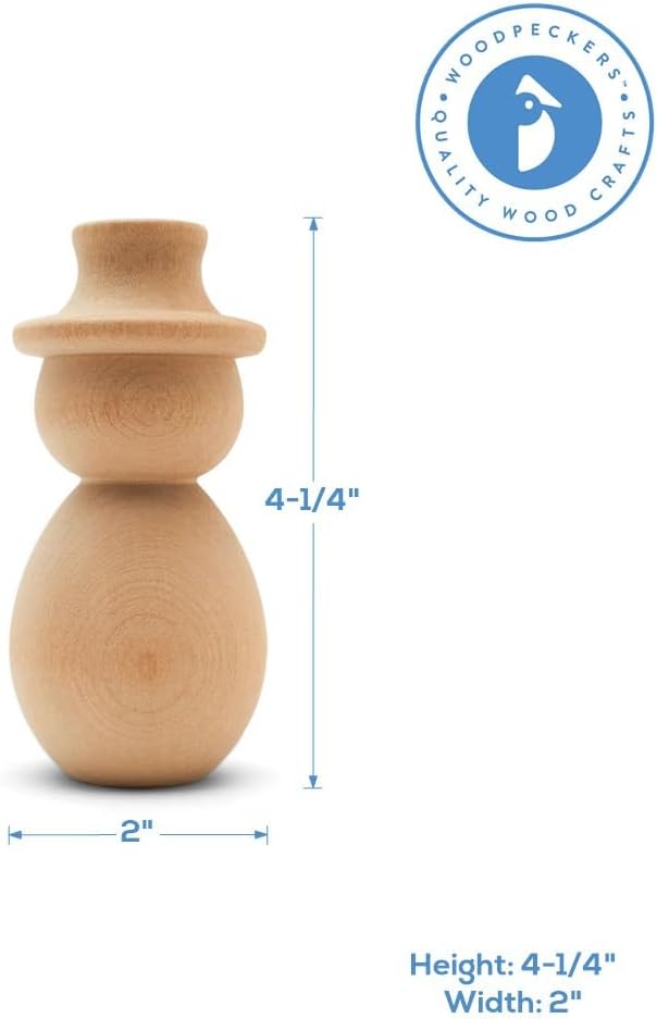 Unfinished Wood Snowman Shelf Sitter, 4-1/4 inch Pack of 10, Large Snowman Pegdoll, Snowman Figurine for Holiday Décor, by Woodpeckers