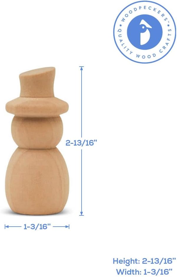 Snowman Peg Dolls 2-13/16 inch, Pack of 12 Wooden Peg Dolls for Christmas Crafting, Nativity Scenes, Holiday Decorations, by Woodpeckers