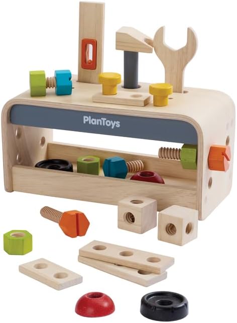 PlanToys® Wooden Little Tool Bench Montessori Construction Kids STEM Toy | hammer, wrench, screwdriver, kids tool set, girls, boys, fine motor problem solving imaginative role play gift preschool