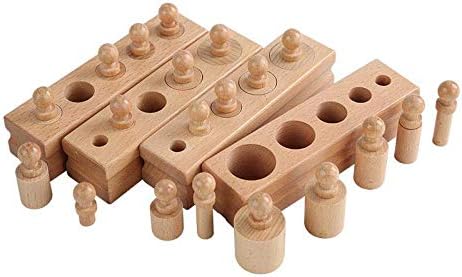 Adena Montessori Wooden Small Cylinders Block, Knobbed Cylinder Socket, Sensorial Educational Tools Preschool Early Learning Toys for Kids, Set of 4, Ages 2+