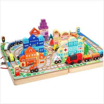 Adena Montessori Wooden Tabletop Train Set, Large, 3+ | Safe wood, 75 blocks + Train. Build tracks & city. Boosts motor, logic & creativity. Take-along tabletop. Gift 3+.