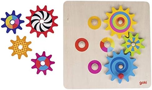 Goki Wooden Spinning Gears 8-Piece Montessori Educational Toys for 3 Year Old STEM Cause & Effect Building Set for Fine Motor Skills & Logical Thinking I Sensory Toys for Toddlers I Gifts for 3+