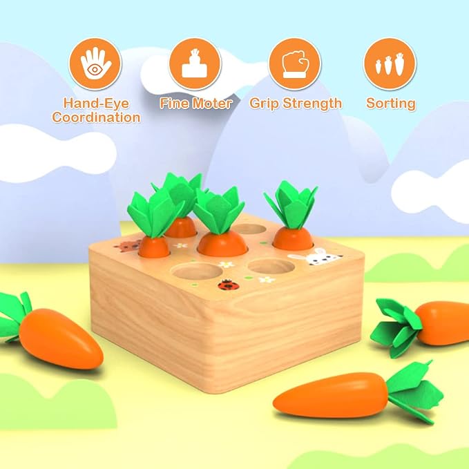 Wdmiya Montessoritoys for 1 Year Old, Wooden Toys Developmental | Shape Sorting & Matching Puzzle Carrots Harvest Game, Birthday Gifts for Boys and Girls, Christmas