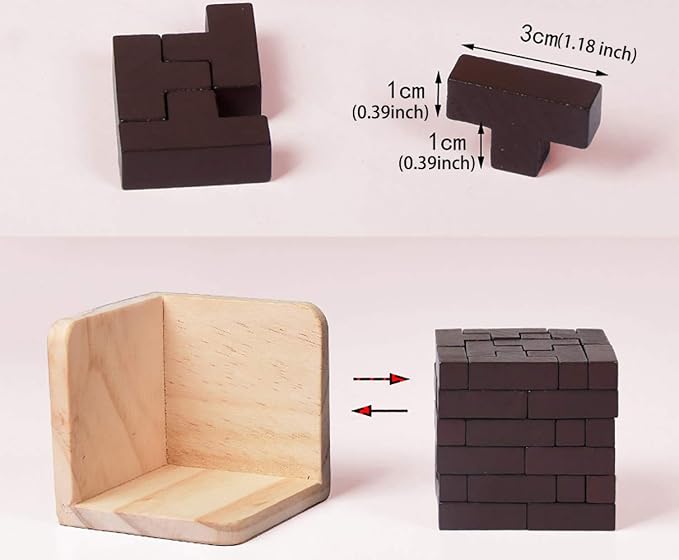 AHYUAN Wooden Brain Teaser Puzzles Cube Stocking Stuffers Wooden Puzzles T-Shaped Jigsaw Logic Puzzle Educational Games Toy for Kids and Adults (Coffee)