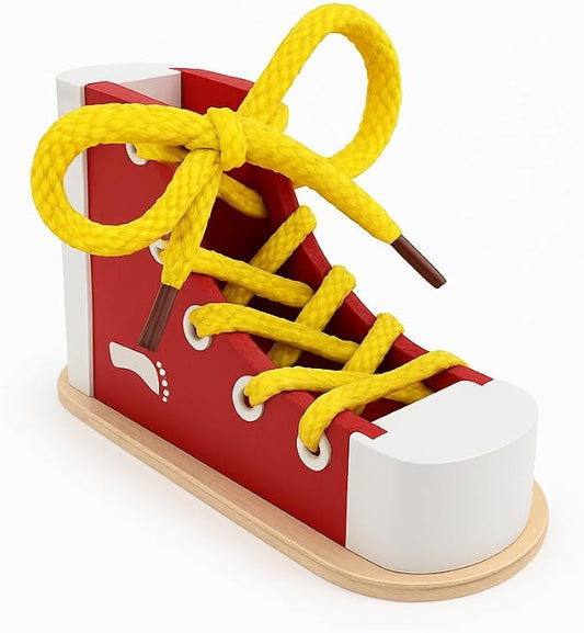 Shoe Tying Practice For Kids Wooden Board Learn To Tie Lacing Toy RED
