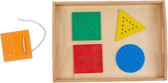 Adena Montessori Toys Threading Game Colorful Lacing Wooden Shapes with Tray for 1 2 3 Years Old Baby