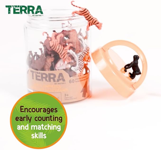 Terra by Battat Wild Animal Figurines Tube, 60 Mini Safari Figures, Animals | 60 realistic mini wild animal figures in a portable tube for pretend play, crafts, dioramas, sensory bins, Animals, 3+ Years