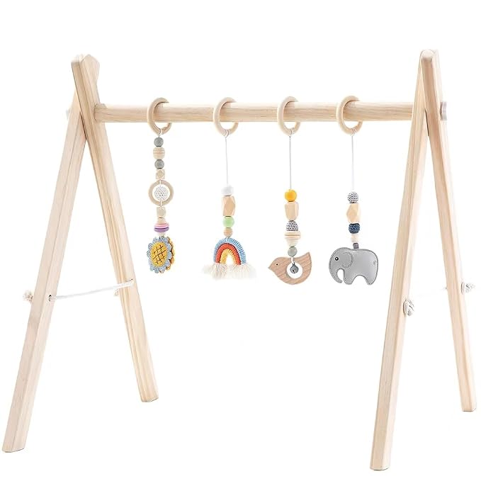 Wooden Baby Play Gym, Foldable Baby Activity Gym Frame with 4 Hanging Sensory Toys, Montessori Newborn Tummy Time Play Gym, Natural Wood Baby Gym for Infant Nursery Decor, Baby Shower Gift | 4 Sensory Hanging Toys, Montessori, Infant Activity Frame, 0-...