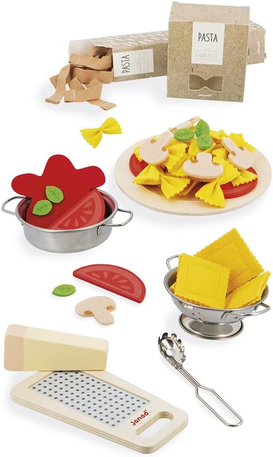 Janod - Pasta Mix - Pasta Set - Pretend Play Kitchen & Tea Set Toy - 58 Wooden, Cardboard and Felt Pieces Included - Water-Based Paints - 3 Years + J06598 | Safe Water-Based Paints - Wooden and Felt Materials - Fun Gift for Kids Age 3+ - Creative Cooki...