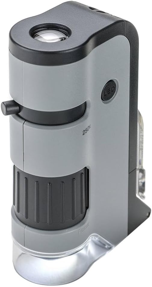 Carson MicroFlip 100x-250x, LED UV Pocket Microscope with Smartphone Clip, STEM Education (MP-250) | STEM Handheld Microscope with Smartphone Adapter Clip for Digiscoping, Flip Down Slide Base (MP-250)