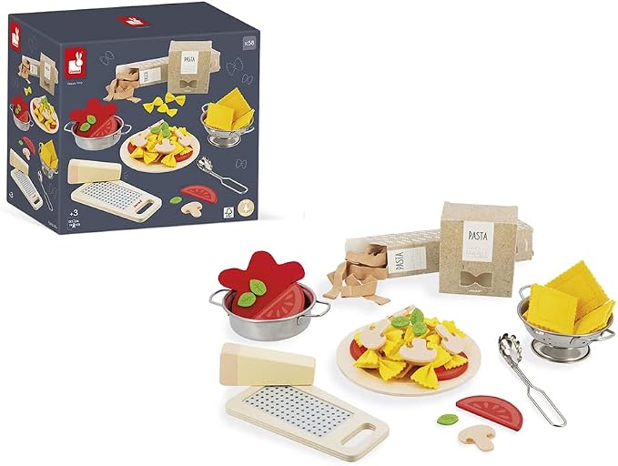 Janod - Pasta Mix - Pasta Set - Pretend Play Kitchen & Tea Set Toy - 58 Wooden, Cardboard and Felt Pieces Included - Water-Based Paints - 3 Years + J06598 | Safe Water-Based Paints - Wooden and Felt Materials - Fun Gift for Kids Age 3+ - Creative Cooki...