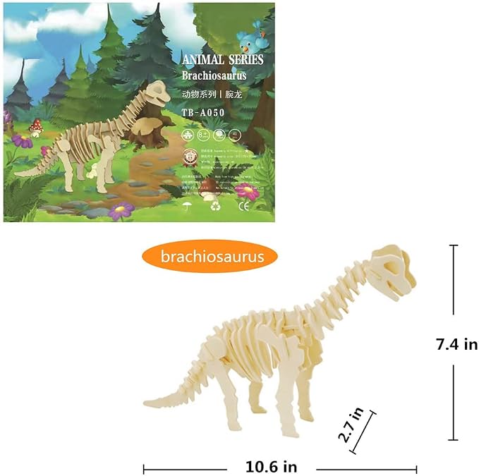 3D Wooden Dinosaur Puzzle, 3 Piece Set Wood Dino Skeleton Model Puzzle | Wooden Crafts Assembly 3D Puzzle, STEM DIY Brain Teaser Puzzle