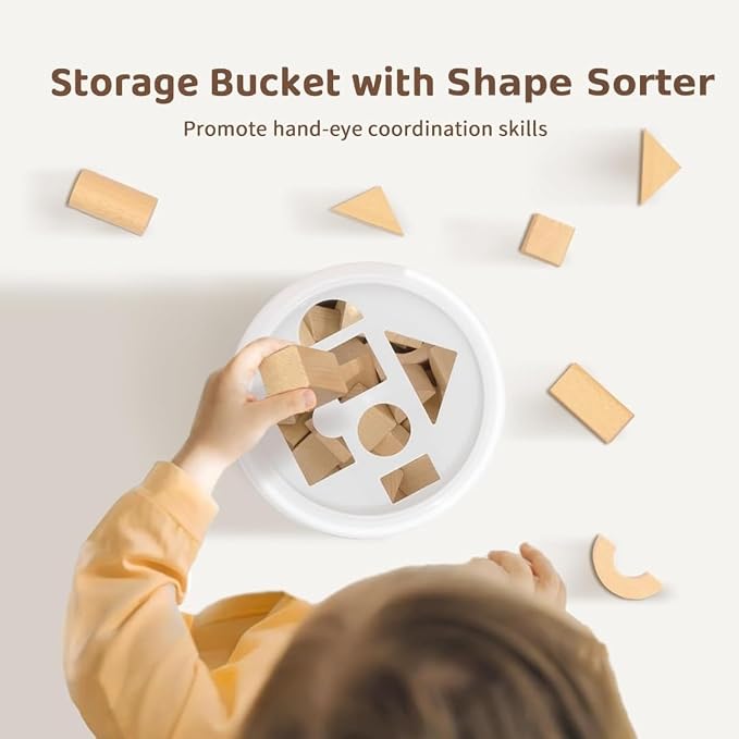 100 Pcs Wooden Blocks for Toddlers 1-3, Kids Building Blocks & Shape Sorter | Natural Beech Wood - Bucket for Easy Storage - Montessori Toys for 1 2 3 Year Old, Learning Toys for Preschool Girls and Boys