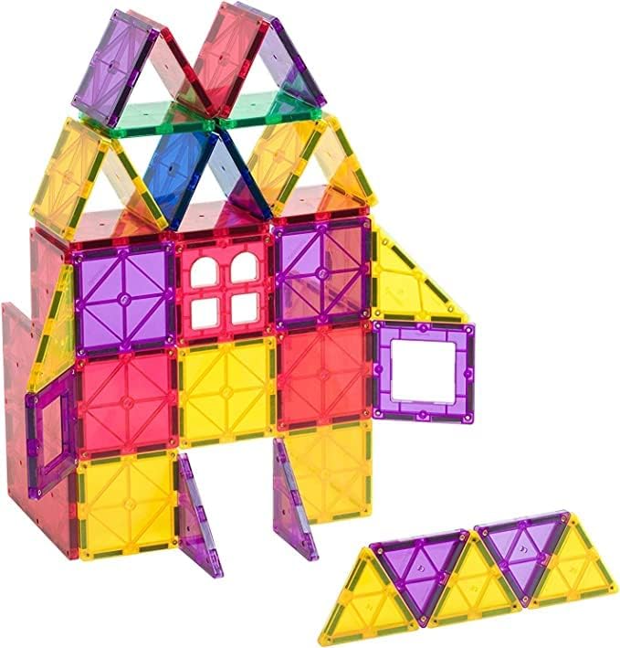 Playmags Magnetic Tiles for Kids, 60 Pc Magnet Blocks with ABC Click-ins, STEM Development Building Toys for Boys Girls & Toddlers
