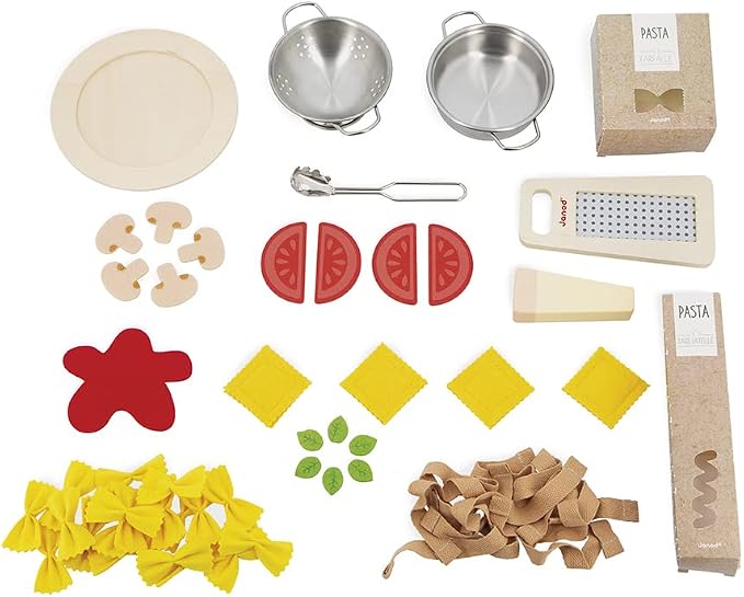 Janod - Pasta Mix - Pasta Set - Pretend Play Kitchen & Tea Set Toy - 58 Wooden, Cardboard and Felt Pieces Included - Water-Based Paints - 3 Years + J06598 | Safe Water-Based Paints - Wooden and Felt Materials - Fun Gift for Kids Age 3+ - Creative Cooki...