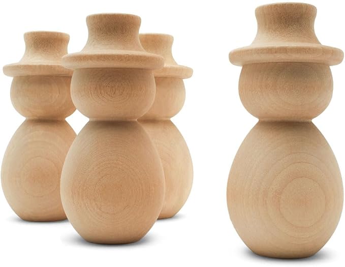 Unfinished Wood Snowman Shelf Sitter, 4-1/4 inch Pack of 5, Snowman Figurine for Holiday Décor, Large Snowman Pegdoll, by Woodpeckers