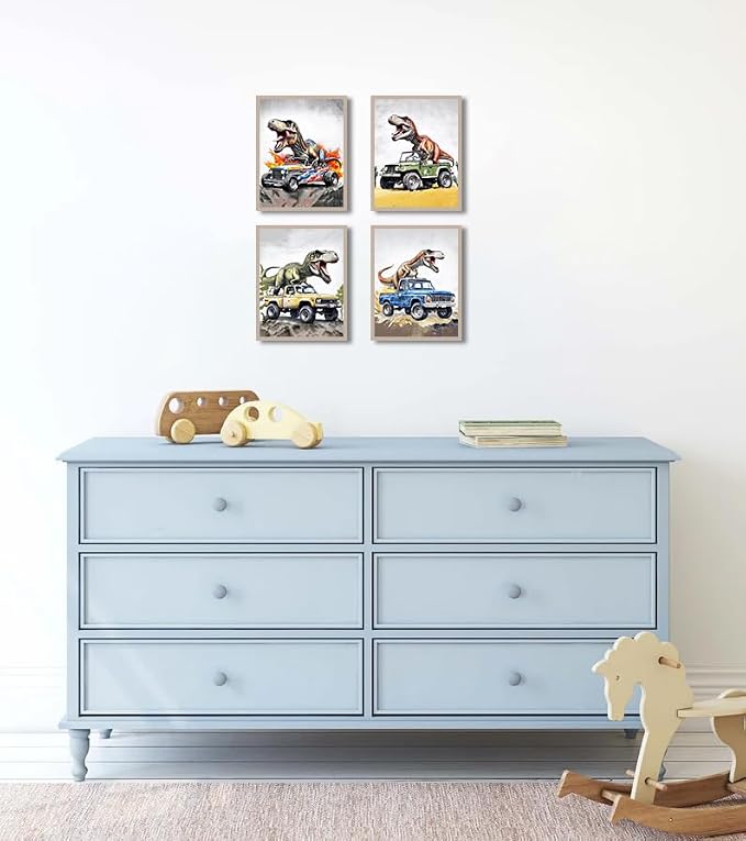 Dinosaur Wall Art Funny Dinosaur Room Poster 8x10 Inch | Vintage Car Pictures Cool Dino Prints Nursery Bathroom Artwork 4Pcs