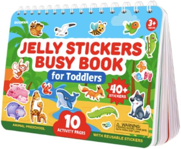Jelly Sticker Books for Toddlers 3-5 - 40+ Reusable Stickers Busy Book | 10 Animal Topics - Waterproof Washable Toddler Activity Book - Learning Toys for Shapes, Colors, Matching, Animals
