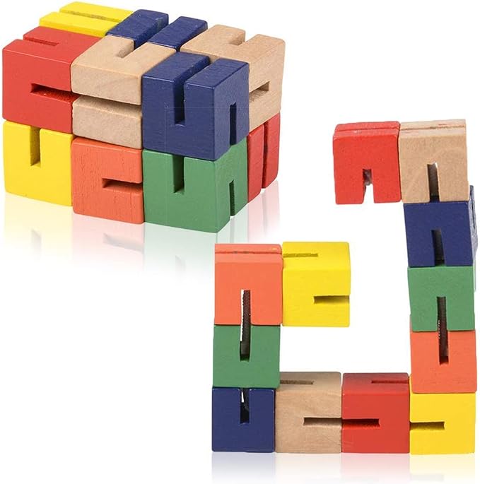 ArtCreativity Wooden Twist Cubes, Pack of 2, Colorful Mind Game, Stretch, Twist, and Lock Brain Teaser Fidget Sensory Toys for Kids, Stocking Stuffer and Party Favors for Boys and Girls