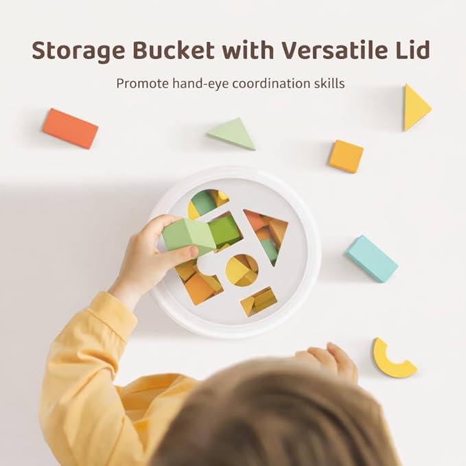 100 Pcs Building Blocks for Toddlers 1-3, Kids Wooden Blocks & Shape Sorter | Bucket for Easy Storage - Montessori Toys for 1 2 3 Year Old, Learning Toys for Preschool Girls and Boys