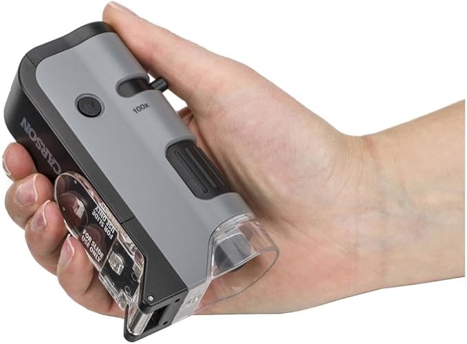 Carson MicroFlip 100x-250x, LED UV Pocket Microscope with Smartphone Clip, STEM Education (MP-250) | STEM Handheld Microscope with Smartphone Adapter Clip for Digiscoping, Flip Down Slide Base (MP-250)