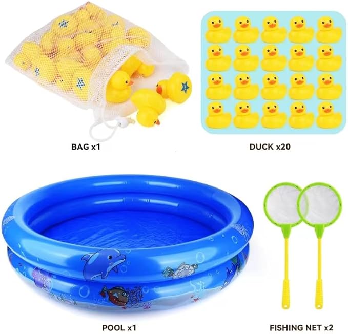 Duck Matching Game Toys for Kids - 20 Plastic Ducks with Numbers,34" x 7" Kiddie Pool | Storage Bag, 2 Nets - Fun Memory Games - Water Outdoor Game for Children,Preschoolers,Birthday Party Carnival