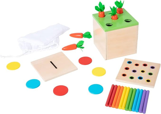 Adena Montessori 3 in 1 Wooden Play Kit for Babies 6-12 Months | Color drop, carrot harvest, coin box boost motor, logic and color sorting. Bright wood for toddlers independent play.