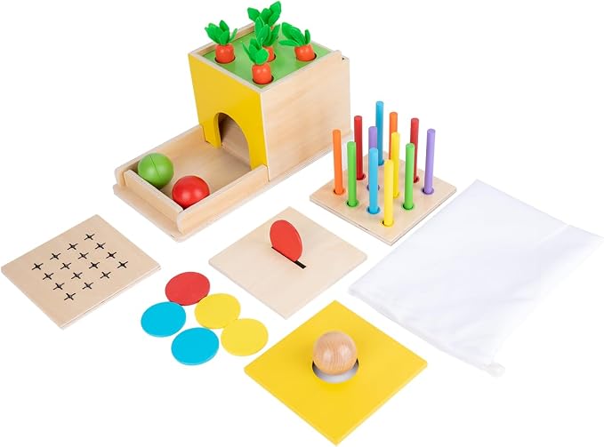 Montessori Toddler Play Kit Montessori Box Toys for 1 Year Old 2 Years Baby Learning Toys Gift Carrot Harvest Game, Matchstick Color Drop Game and Coin Box (5-for-1) | Object permanence, drop, carrot, coin - builds motor skills and hand-eye, durable, c...