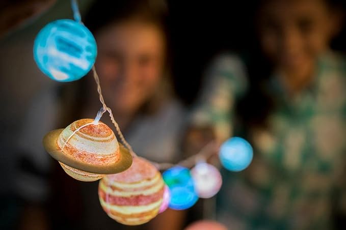 4M DIY Solar System String Lights - Outer Space Art & Craft Kit, Kids 5+ | Build a mini-planetarium with 9 LED planets, paint, and glitter. STEAM set includes poster and easy snap assembly