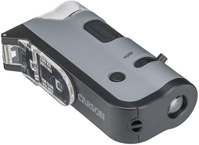 Carson MicroFlip 100x-250x, LED UV Pocket Microscope with Smartphone Clip, STEM Education (MP-250) | STEM Handheld Microscope with Smartphone Adapter Clip for Digiscoping, Flip Down Slide Base (MP-250)