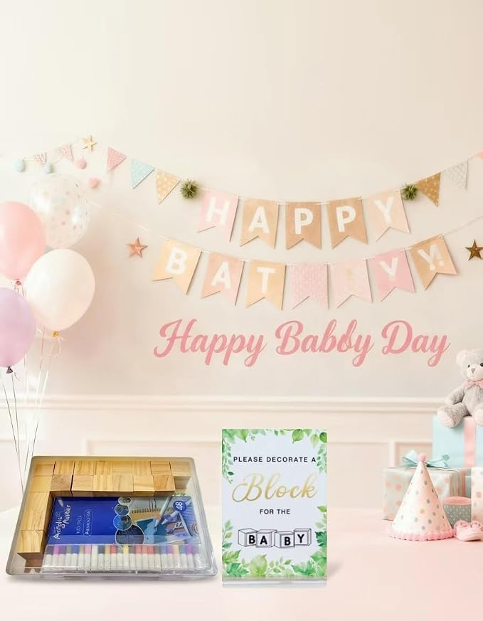 156-Piece Baby Shower Building Block Game Set, featuring 58 plain wooden blocks, 48 markers, 48 templates, 1 game instruction card, and 1 storage box—specially designed for parties (Leaves Theme)