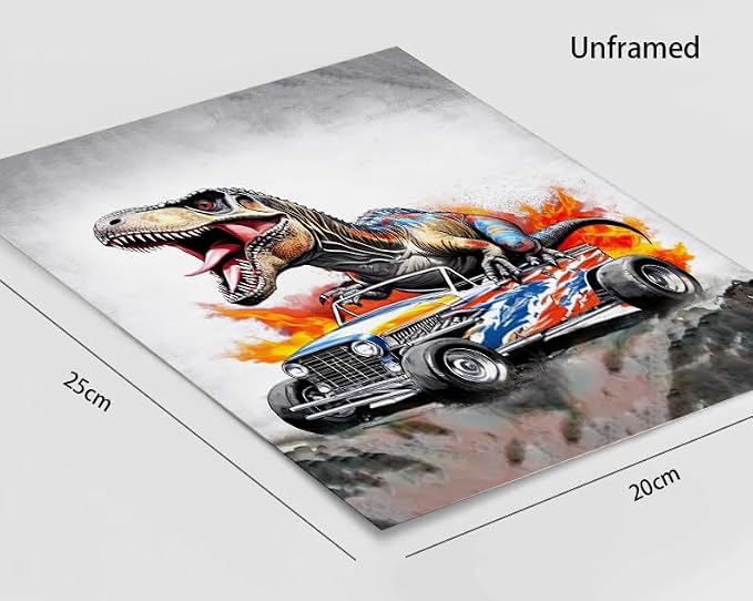 Dinosaur Wall Art Funny Dinosaur Room Poster 8x10 Inch | Vintage Car Pictures Cool Dino Prints Nursery Bathroom Artwork 4Pcs
