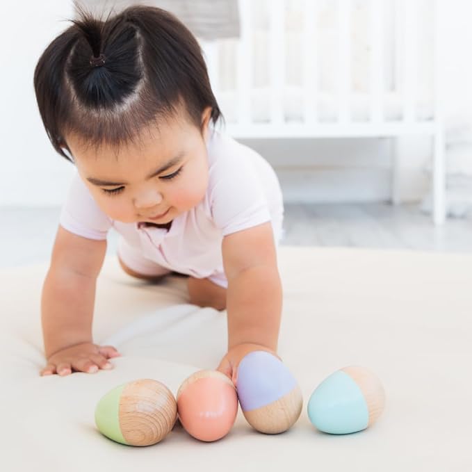 Pearhead Wooden Egg Shaker Baby Toy Set, 4-Piece Musical Rattles | FSC-Certified Wood, Pastel Maracas, Sensory Rhythm Play, Fine Motor Skills, 0+ Months