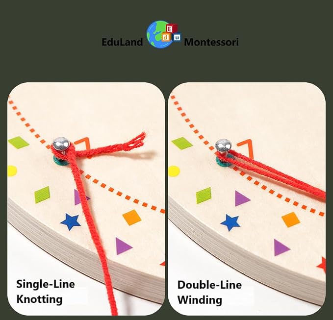 EduLand Montessori Wooden Peg Board Winding Patterns Game - Learning & Development Toy - 3+ Years - Includes 4 Colors Wool, 20 Pattern Cards, Wooden Pegboard