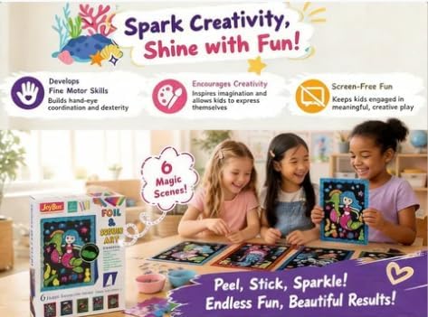 JoyBox Foil Fun–DIYKids Paper Foil Art Craft Kit for&Travel Screen-Free Fun | Birthday Party Gifts for Ages 4-9 and Up,Art Travel Toys for Boys Girls mermaid themes! includes glow‑in‑the‑dark sequins