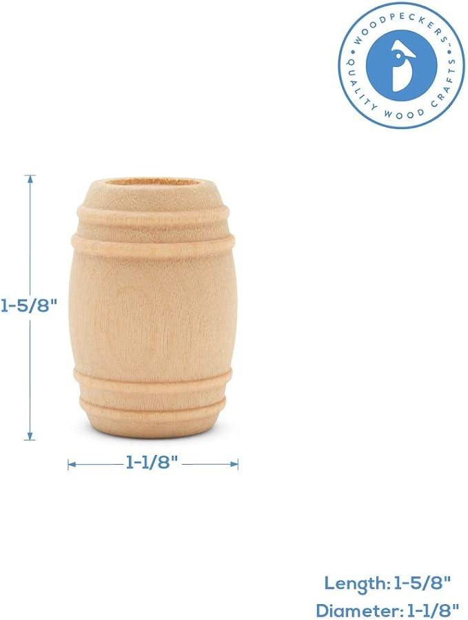 Wooden Pickle Barrel 1-5/8 Inch, Pack of 25, Small Unfinished Cargo Drums, Perfect for Miniatures, Scale Models, Mini Train Making or Woodworking Craft Projects, by Woodpeckers